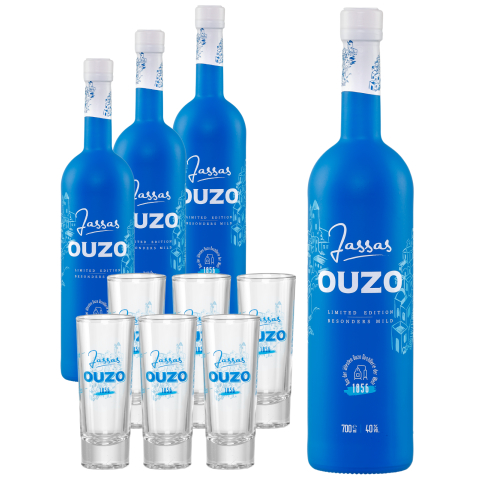 Jassas Ouzo 40% 4x 0,7l + 6 Gläser 2cl gratis