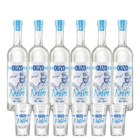 Ouzo Nostos 38% 6x 0,7l + 6 Nostos Gläser 2cl GRATIS