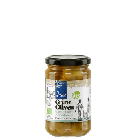 Grüne Oliven Bio mit Knoblauch gefüllt 170g Jassas GR-BIO-15