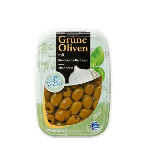 Grüne Oliven mit Knoblauch & Basilikum ohne Stein 200g ToKalo