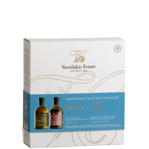 Geschenkbox Charisma Olivenöl 0,1l + Balsamico mit Thymianhonig 0,1l Vassilakis Estate