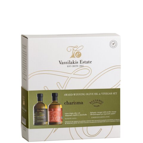 Geschenkbox Charisma Olivenöl 0,1l + Balsamico mit Orange 0,1l Vassilakis Estate