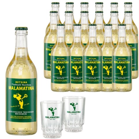 Retsina Malamatina 18x 0,5l Flasche + 2 Gläser GRATIS Malamatina
