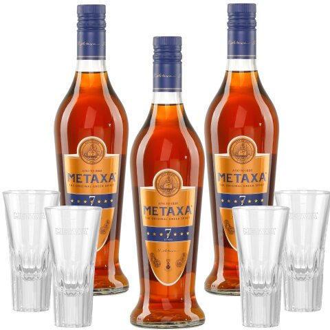 Metaxa 7 Sterne 3x 0,7l + 4 GRATIS Metaxa Tumbler Spyros Gläser 0,15l