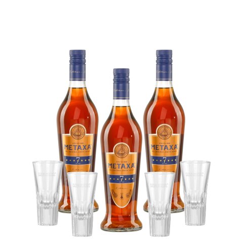 Metaxa 7 Sterne 3x 0,7l + 4 Metaxa Tumbler Spyros Gläser 0,15l