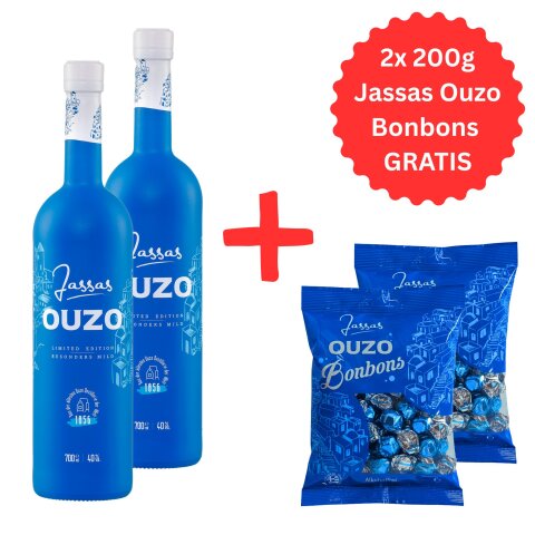 Jassas Ouzo 40% 2x 0,7l + 2x 200g Jassas Ouzo Bonbons GRATIS