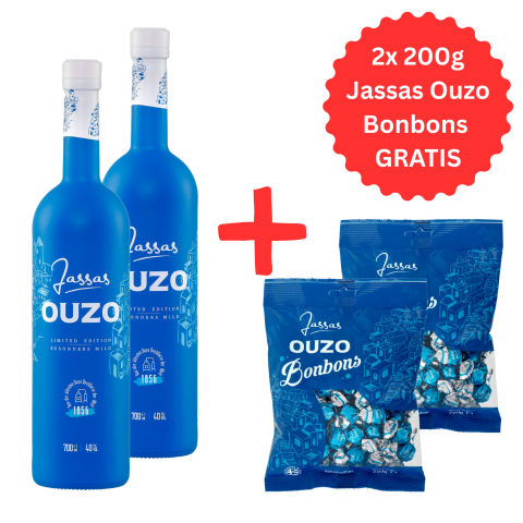 Jassas Ouzo 40% 2x 0,7l + 2x 200g Jassas Ouzo Bonbons GRATIS