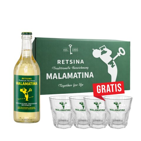 Retsina Malamatina 24x 0,5l Flasche + 4 Gläser GRATIS