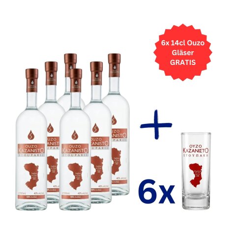 Ouzo Kazanisto 40% 0,7l + 6 Gläser GRATIS Stoupakis