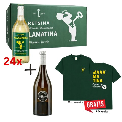 Retsina Malamatina 24x 0,5l Flasche + 1x Rezine weiß 2303 0,75l + 1x Retsina T-Shirt GRATIS