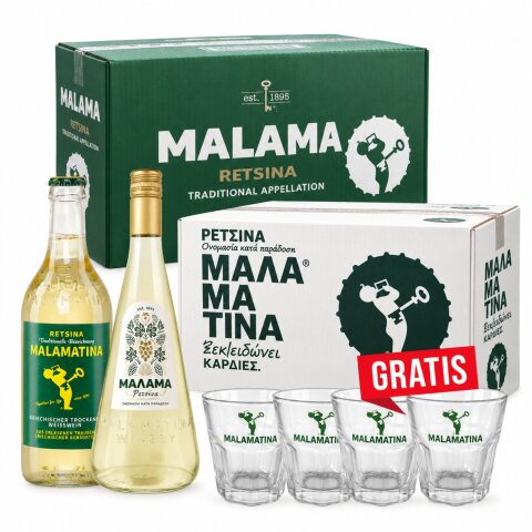 Retsina Weinset 24x 0,5l Flasche + 4 Gläser GRATIS Malamatina
