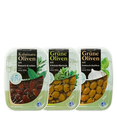 Oliven Probierset „Genussreise“ ohne Stein 3x 200g ToKalo